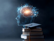 © noiteterna - Inteligencia artificial y educación moderna con libros, birrete académico y cerebro digital iluminado, representando el aprendizaje, el conocimiento y la evolución tecnológica en el ámbito educativo