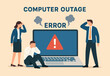 © Hanufa - Computer outage, error or failure causing by software update mistake, operating system crash or cyber attack, server down or technical issue concept, people victims looking at computer laptop outage.