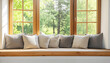 © wolfelarry - Cozy window seat with pillows. Outside green trees and sky view. Interior design concept of home comfort and relaxation. Sunlight passes through glass