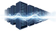 © Rangga - Digital server racks with vibrant blue data streams flowing through them, representing information flow