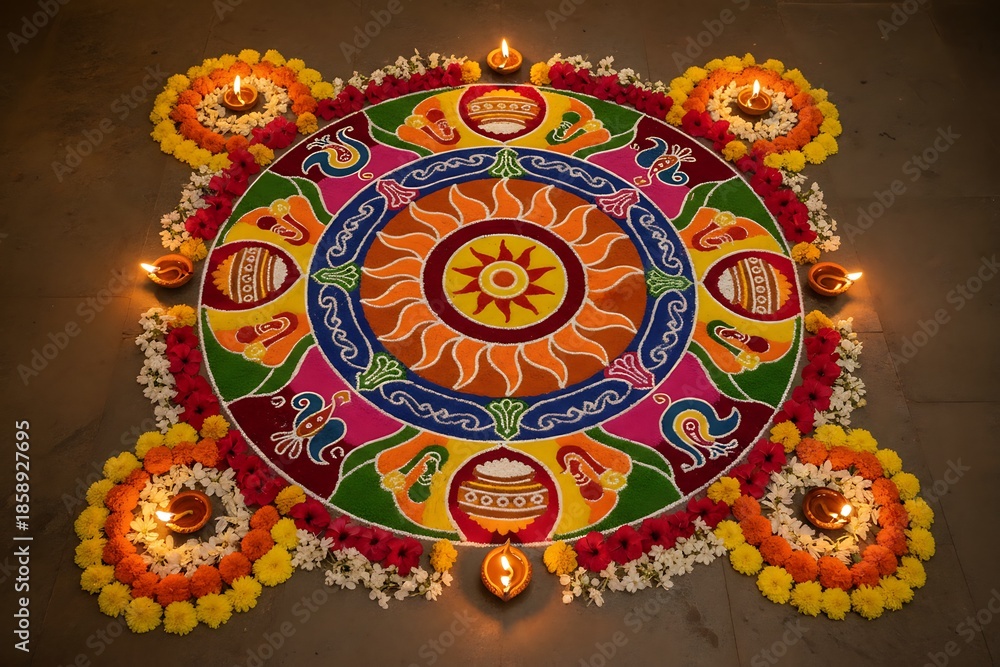 colourful Pongal kolam (rangoli) patterns with rice flour art, fresh ...