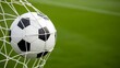 © Luqman - A close-up shot of a black and white soccer ball caught in the white net of a goal, with a blurred green grass field in the background.