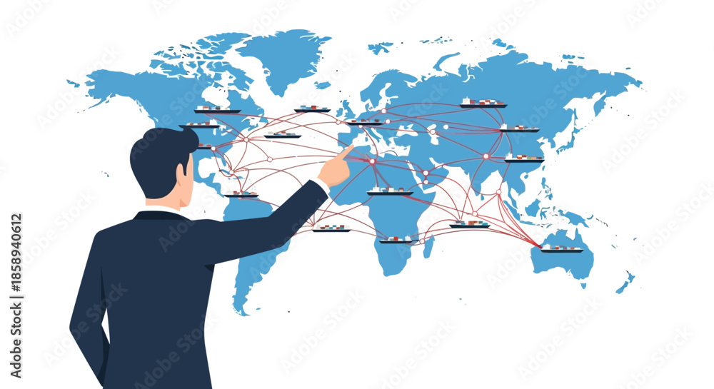 Businessman pointing at a world map showing global shipping routes and ...