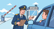 © dawnverse - A customs officer in uniform is speaking to a driver at a border crossing checkpoint.