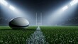 © se - A rugby ball rests on a vibrant green grass field under bright stadium lights with goalposts in the background, ready for a match.