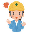 © yurumarukko - 驚く作業服を着てヘルメットを被った女性　上半身イラスト／Surprised woman wearing work clothes and a safety helmet, upper body illustration