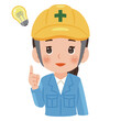 © yurumarukko - 閃く作業服を着てヘルメットを被った女性　上半身イラスト／Woman wearing work clothes and a safety helmet having an idea, upper body illustration