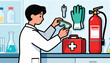 © Rex - Scientist preparing safety gear, flask, and first aid in lab