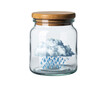 © TransPicHub - A small, fluffy white cloud rains blue droplets, captured inside a glass jar sealed with a wooden lid.