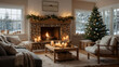 © Lumen Vista - Cozy Christmas Living Room Interior with Stone Fireplace, Decorated Tree, and Snowy Winter Window View