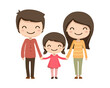 © Hmen - Familia feliz de tres personas, padre, madre e hija, tomados de la mano y sonriendo en un fondo blanco transparente.