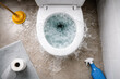 © Chanita - Conceptual home maintenance photo of clogged toilet emergency. Water spilling from overflowing bowl onto floor creates messy, dramatic composition from top down perspective