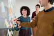 © TrueFrame Collective - Young Caucasian man writing on glass board with marker while young Caucasian women observing and discussing project ideas in modern office