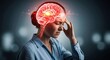 © Flash memory - Woman suffering from a severe headache or migraine. Headache pain on brain. Medical, health care, and stress concept.