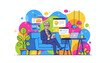 © Vector Market - Senior businessman uses a tablet for remote work in a colorful modern environment with data visualization