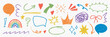 © Svetlana - Playful sketch icon collection. Colorful doodle sketch element set isolated on transparent background. Child drawings. Pencil crayon chalk texture. Arrow bow crown star shine rainbow heart shapes
