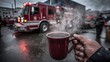 © shobakhul - Close up of a gloved hand holding a steaming mug outdoors near an emergency vehicle