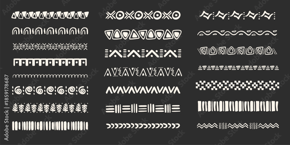 Set african tribal ethnic border, divider doodle hand drawn crayon from ...