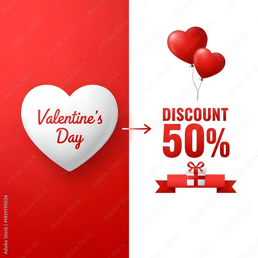 Valentine's Day discount 50 percent with heart and balloons