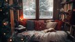© Nurillo - A cozy reading nook by a window with snow falling outside, decorated with holiday cushions and throws. .
