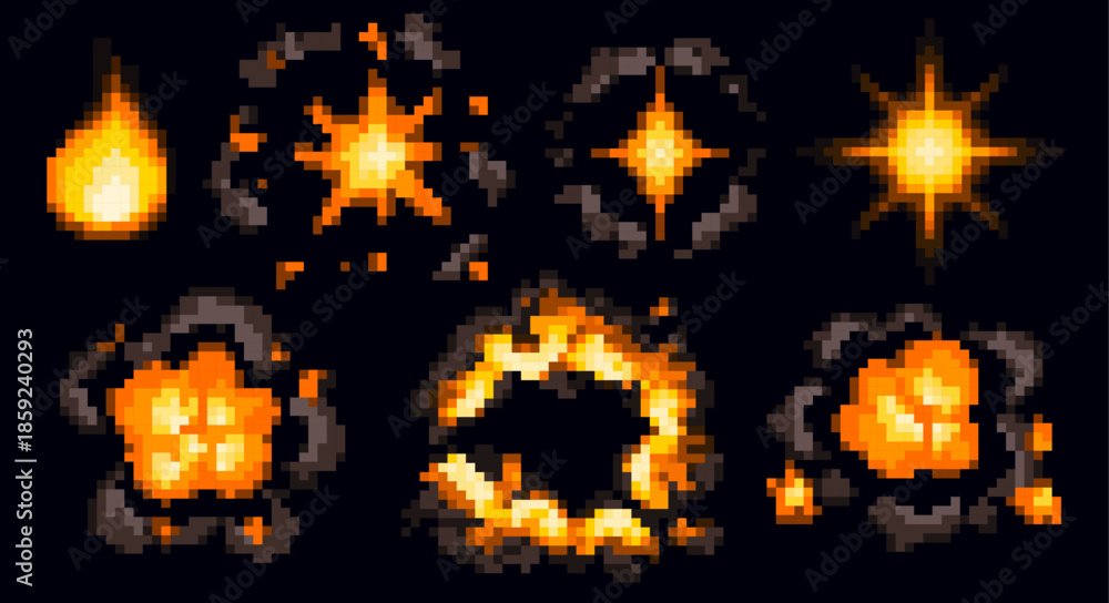 เวกเตอร์ Stock Pixel art explosion and fire effects with vibrant orange ...