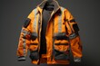 © juliars - Studio shot of a modern orange and grey high visibility workwear jacket with multiple pockets and reflective strips
