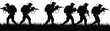 © SreeRupali - Armed soldiers walking silhouette vector, tactical patrol in grass, military teamwork, black and white illustration, defense operation, combat coordination artwork