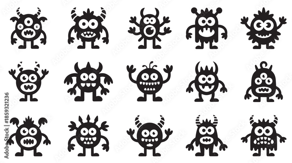 Cartoon Monsters Set In Simple Black Silhouette On White Background For cartoon-monsters-set-in-simple-black-silhouette-on-white-background-for