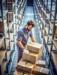 © IrenKa - Warehouse worker in gray uniform and white gloves organizing cardboard boxes on metal shelves, highlighting logistics, inventory control, and operational efficiency