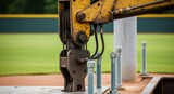 Detail focus on the boom cranes hydraulic arm as it carefully aligns the foul poles foundation bolts on the edge of a baseball outfield.