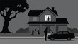 © StockStudio - Suburban family experiencing car trouble outside their home, illustration