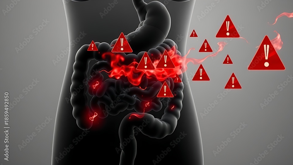tract. Monochrome digestive tract with fiery warnings, highlighting ...