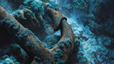 wreck. Extreme close-up of a rusted ship anchor on the seabed with coral and seaweed. safety posters, maintenance manuals, designed for precision metalworking and fabrication facilities.