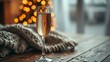 © z - dcf. A champagne flute with golden bubbles on a wooden table beside a cozy blanket and festive confetti. bar promotions, beverage menus, designed for food & beverage menus and cafe branding.
