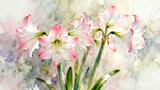 Elegant Pink and White Amaryllis Watercolor Illustration with Artistic Background ,Moody Watercolor Painting of Blooming Amaryllis with Abstract Textured Wash