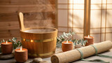 Wooden steam bucket in spa sauna setting with candles and bamboo mat for wellness, zen relaxation and aromatherapy