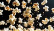 © Focus  - Popped popcorn kernels mid-air with steam and particles, dark background, dynamic high-speed capture.