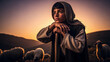 © Kristelinmind - Young boy shepherd with a staff in a field with sheep at sunset. Biblical scene concept for religious education material.