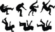 © Chopon - Dynamic falling and jumping human silhouettes collection showing action motion balance and impact poses isolated black vector illustration set