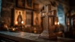 © Vlad - Wooden Orthodox cross with three beams on a candlelit church altar