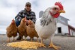 © SerPak - A white chicken stands in front of a farmer and three brown hens pecking at corn on the ground. Farm life and poultry feeding.