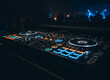 © logonv - DJ mixer controller with illuminated buttons in a dark nightclub setting, representing entertainment and nightlife music concept.