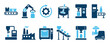 © Vladislav - Set of blue industrial manufacturing icons representing factory production, automation, machinery, conveyor belts, robotic arms, and processing equipment in a clean flat glyph style