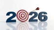 © Amir 313 - Business goals 2026 concept with arrow hitting bullseye target on white background.
