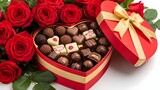 Heart-shaped box of chocolates surrounded by roses