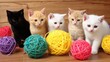 © JT Studio - Five playful kittens in various colors sit beside colorful yarn balls, showcasing their curiosity and charm in a cozy setting.