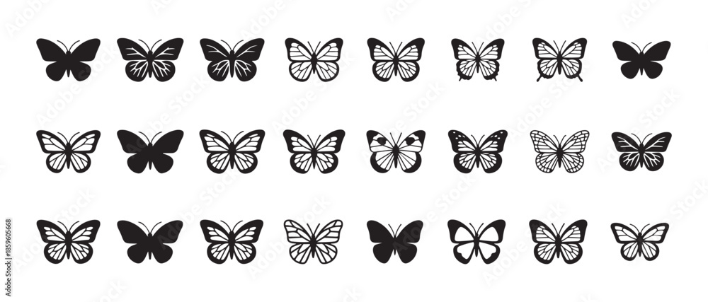 Set of black and white vector icons representing various butterfly ...