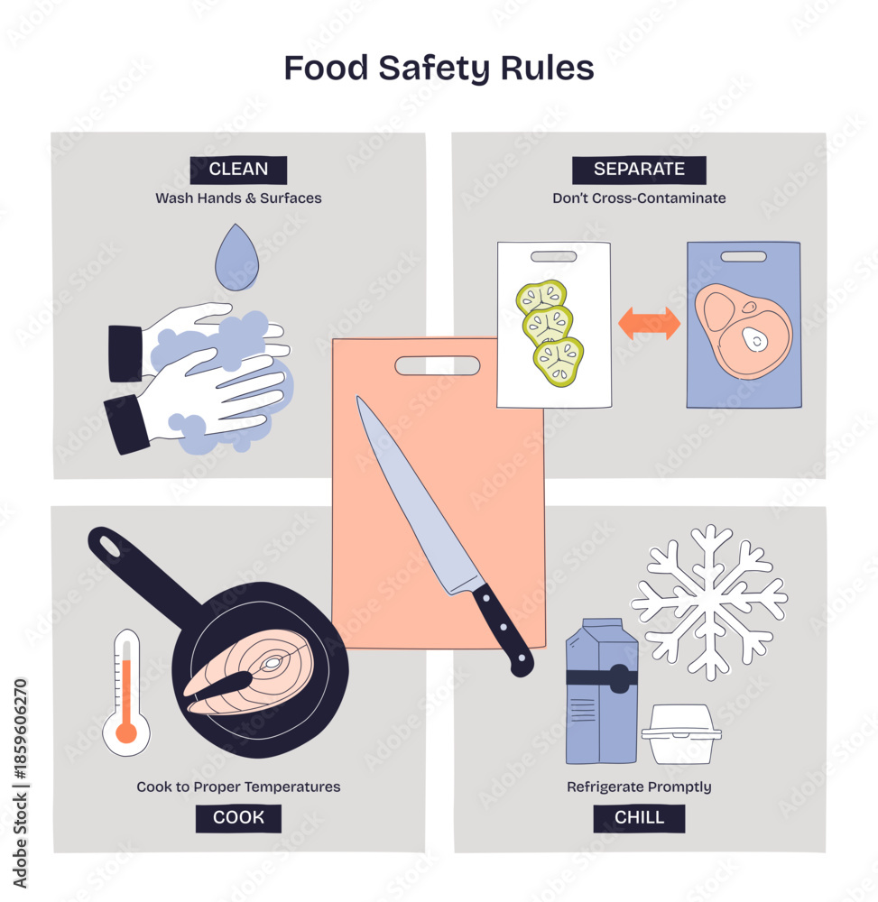 Food safety rules diagram showing clean, separate, cook, chill to ...