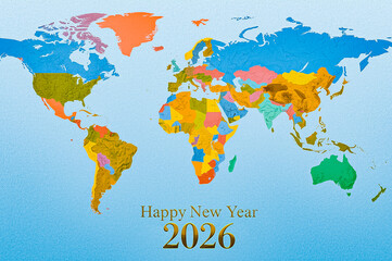  Colorful world map showing continents, island and ocean with text Happy New Year 2026.
