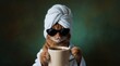 © Alex Volkov - Relaxed Ginger Cat Holding Coffee With Towel and Shades